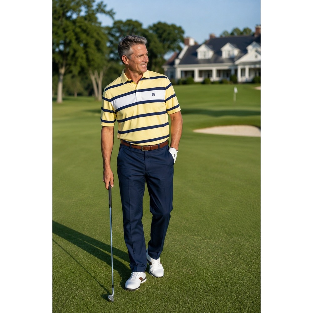 Chaps Polo Shirt XLT Mens Yellow/Navy Striped Rugby Pique Cotton Short Sleeve